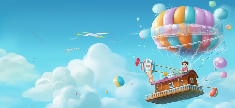 可爱风蓝天白云小孩子遨游天空气球蓝色背景插画手绘图,插画/手绘图,插画/手绘图库,插画/手绘图下载,插画/手绘